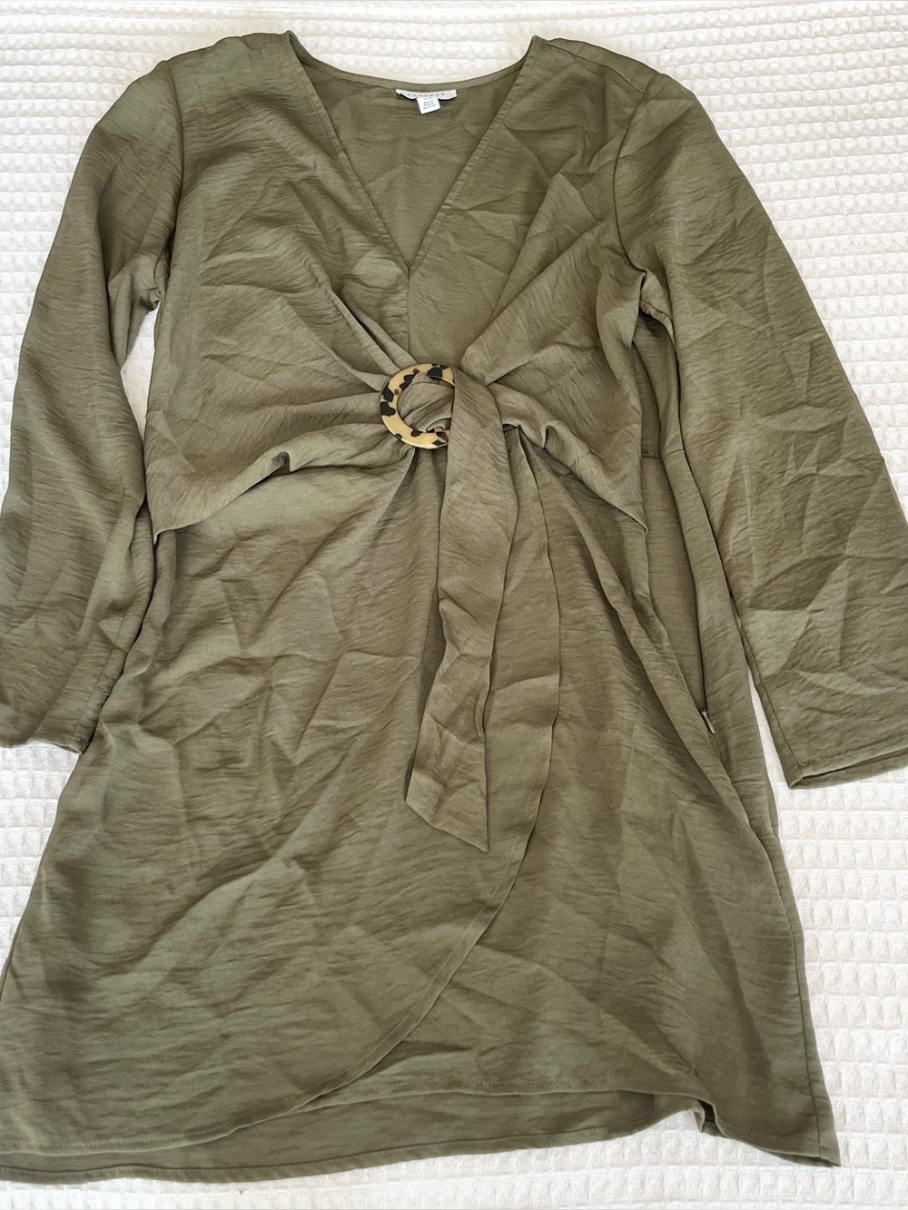Topshop Olive Green Long Sleeve Wrap Dress with Ring Detail size 10